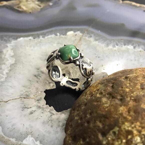 Jody Naranjo Sterling Diamond Shape Green Turquoise Petroglyph Ring Size 9 - Picture 5 of 10